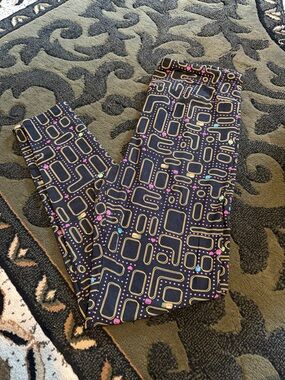 LuLaRoe Black Leggings with Yellow, Pink and Blue Geometric Game Print